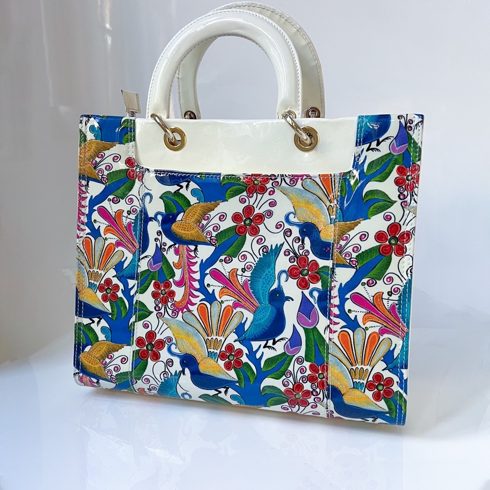 Loriblu Made In Italy Patent Leather Tote Handbag White Blue Red Multicolor